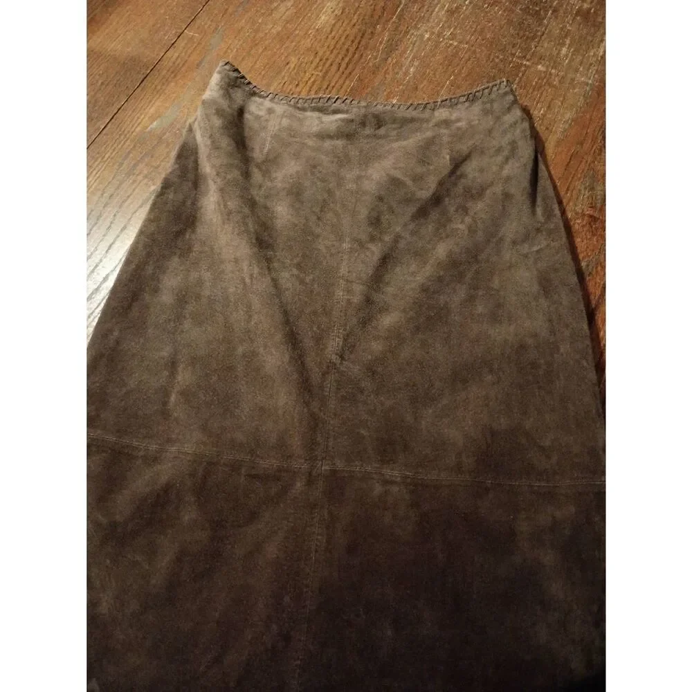 Vintage Sz 6 Margaret Godfrey Brown Suede Leather Maxi Skirt Flower Cut Out Hem - Picture 3 of 8